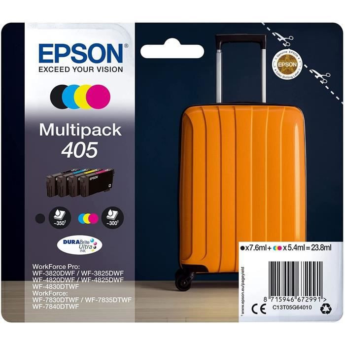 Epson Pack De 4 Cartouches Dencre - 405 Ultra Ink - Workforce Wf-7830, 7835, 7840, Workforce Pro Wf-3820, 3825, 4820, 4825, 48 Noir Unique