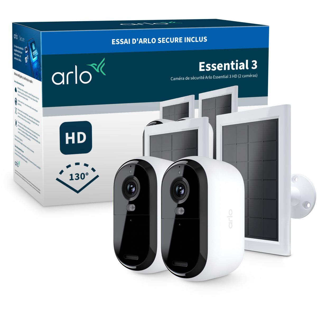 Arlo Caméra De Surveillance 2 Caméras Ext Essential3 2K+ Pan. Sol Blanc Unique