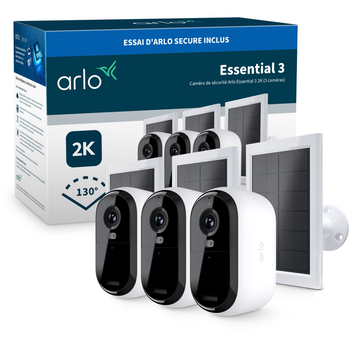 Arlo Caméra De Surveillance 3 Caméras Ext Essential3 2K+ Pan. Sol Blanc Unique