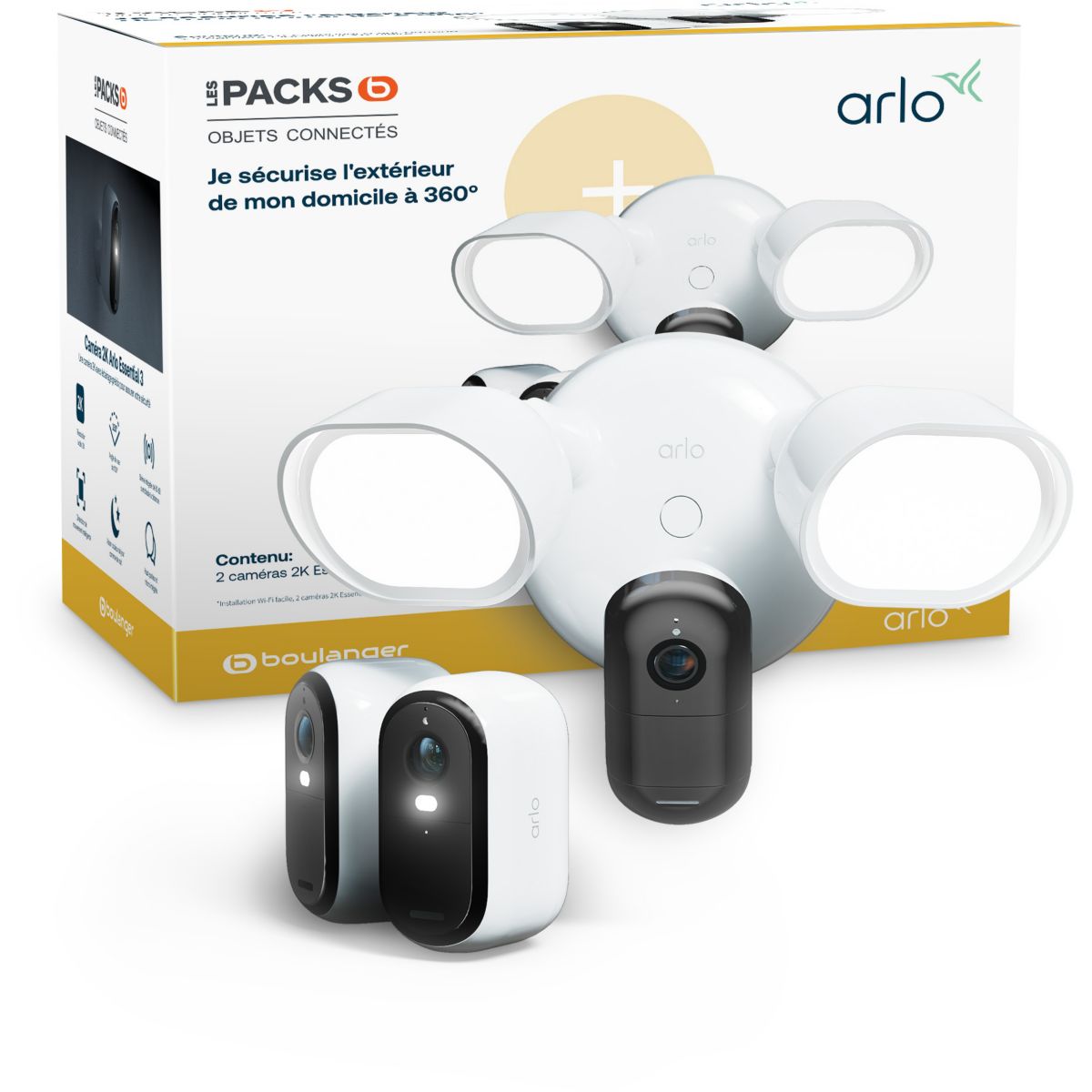 Arlo Caméra De Surveillance 2 Caméras Essential 3 2K + 1 Floodlight Blanc Unique
