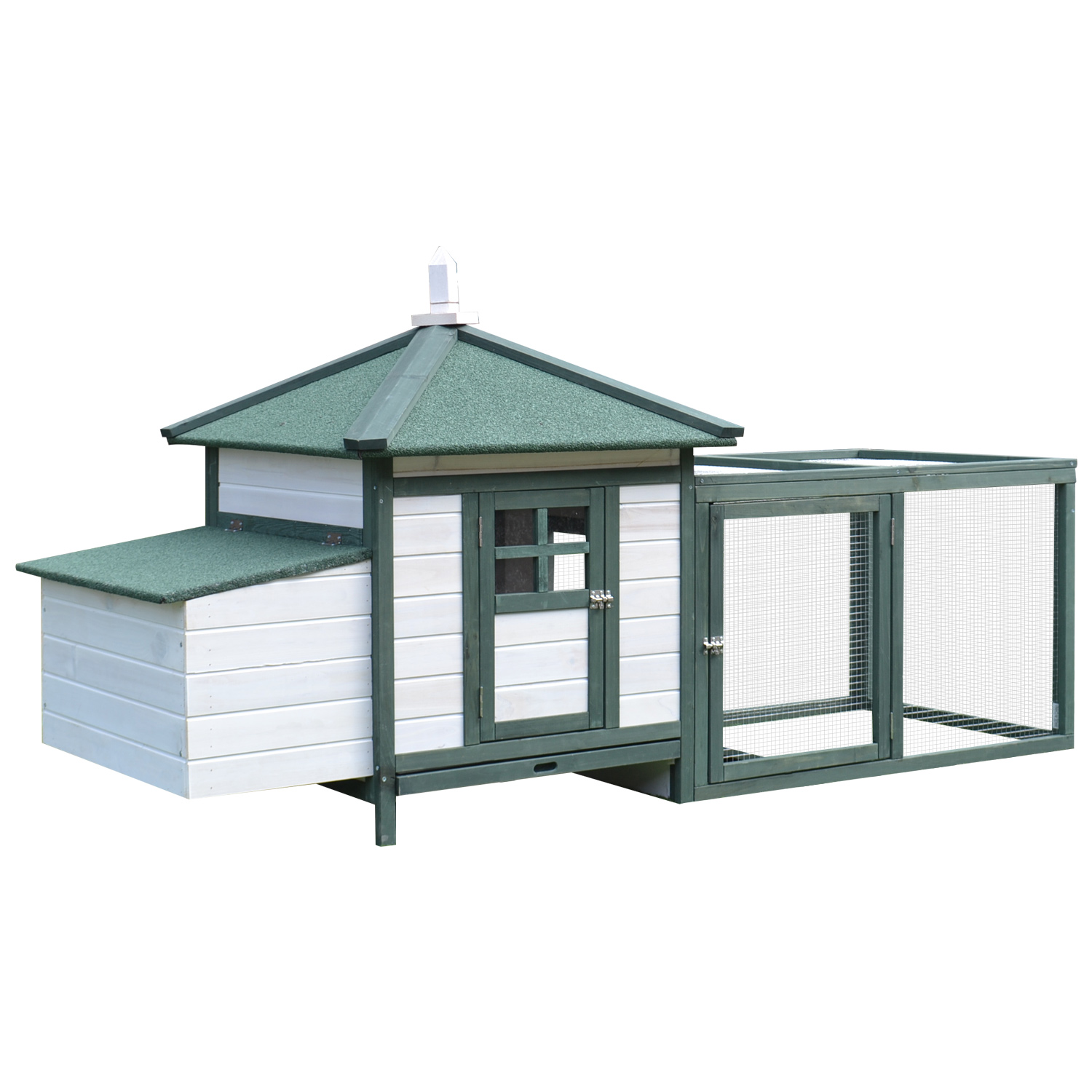 Pawhut Poulailler cottage multi-équipement perchoir rampe pondoir enclos tiroir à déjection 196L x 76l x 97H cm bois massif pin vert blanc