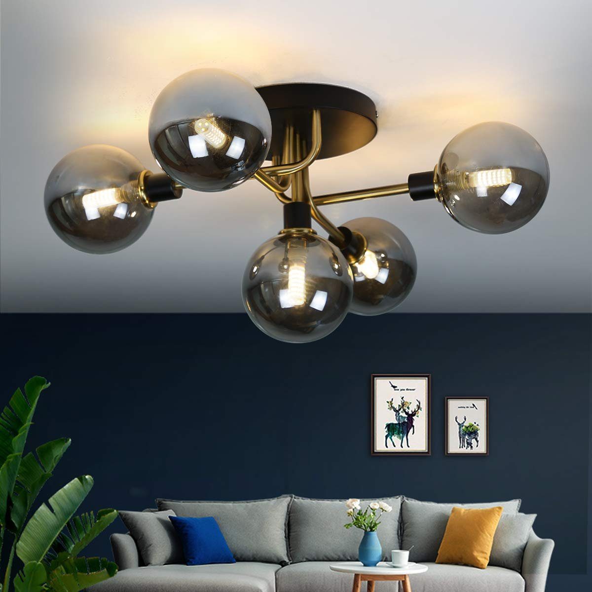 Nettlife Plafonnier salon avec boules en verre 5 lampes G9 (sans ampoule)