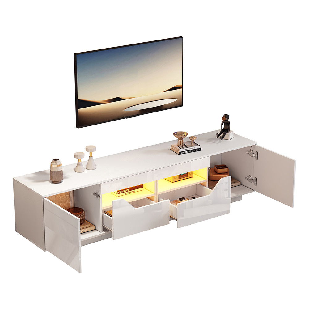 Meuble TV Moderne 180 Cm Avec 3 Tiroirs Et éclairage LED Coloré - Blanc Brillant, Design épuré Et Fonctionnel