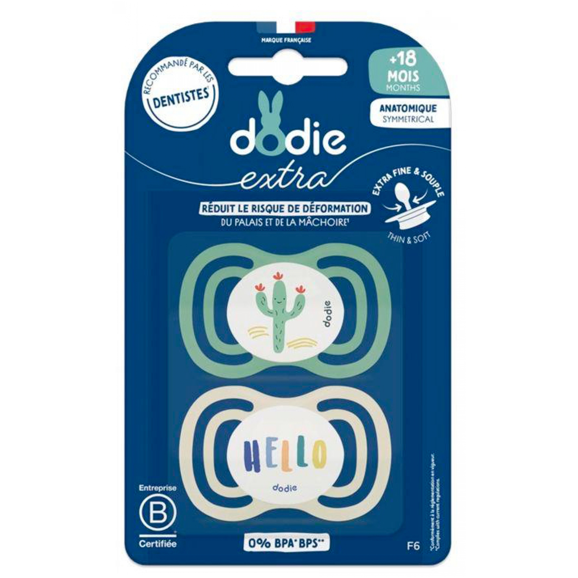Dodie Dodie Extra 2 Sucettes Anatomiques 18 Mois et + (Modèle : Cactus/Hello)