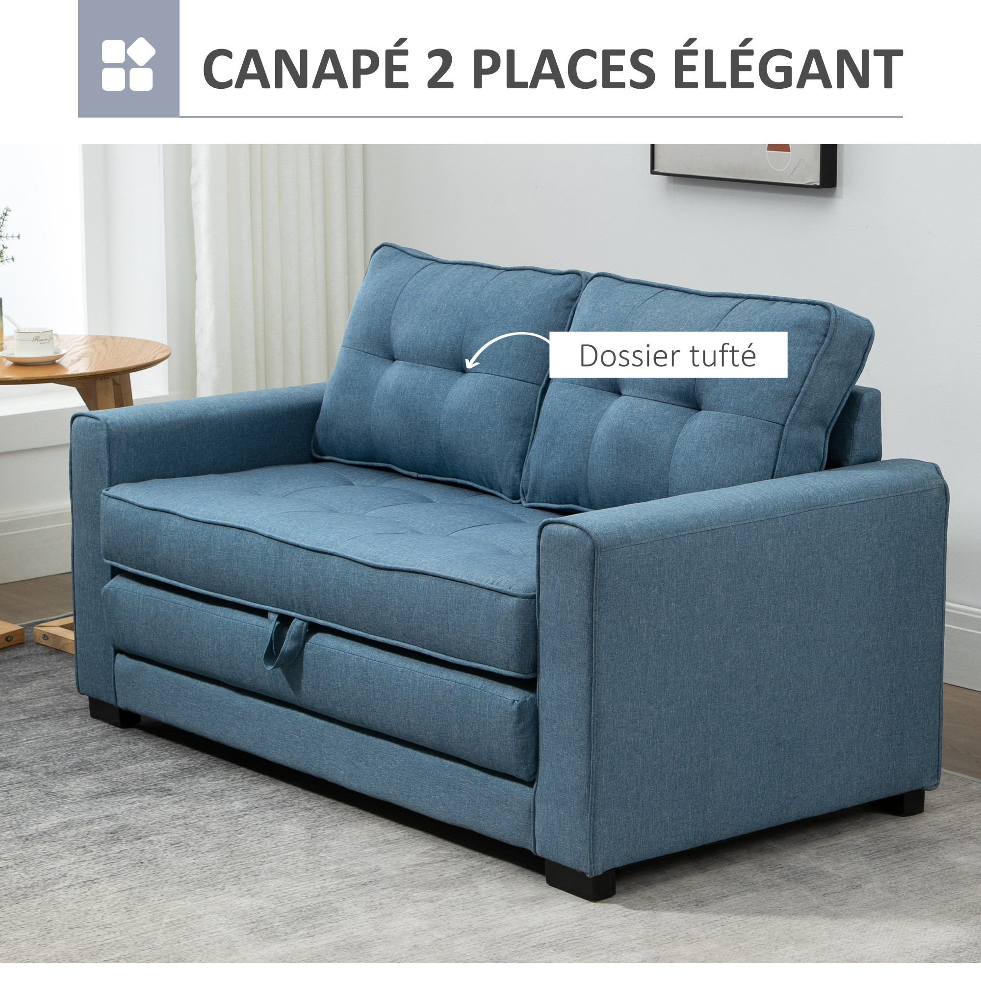 HOMCOM Canapé 2 Places Tissu Bleu - Style Contemporain, Pieds Acier, 2 Pochettes, 140x74x76cm