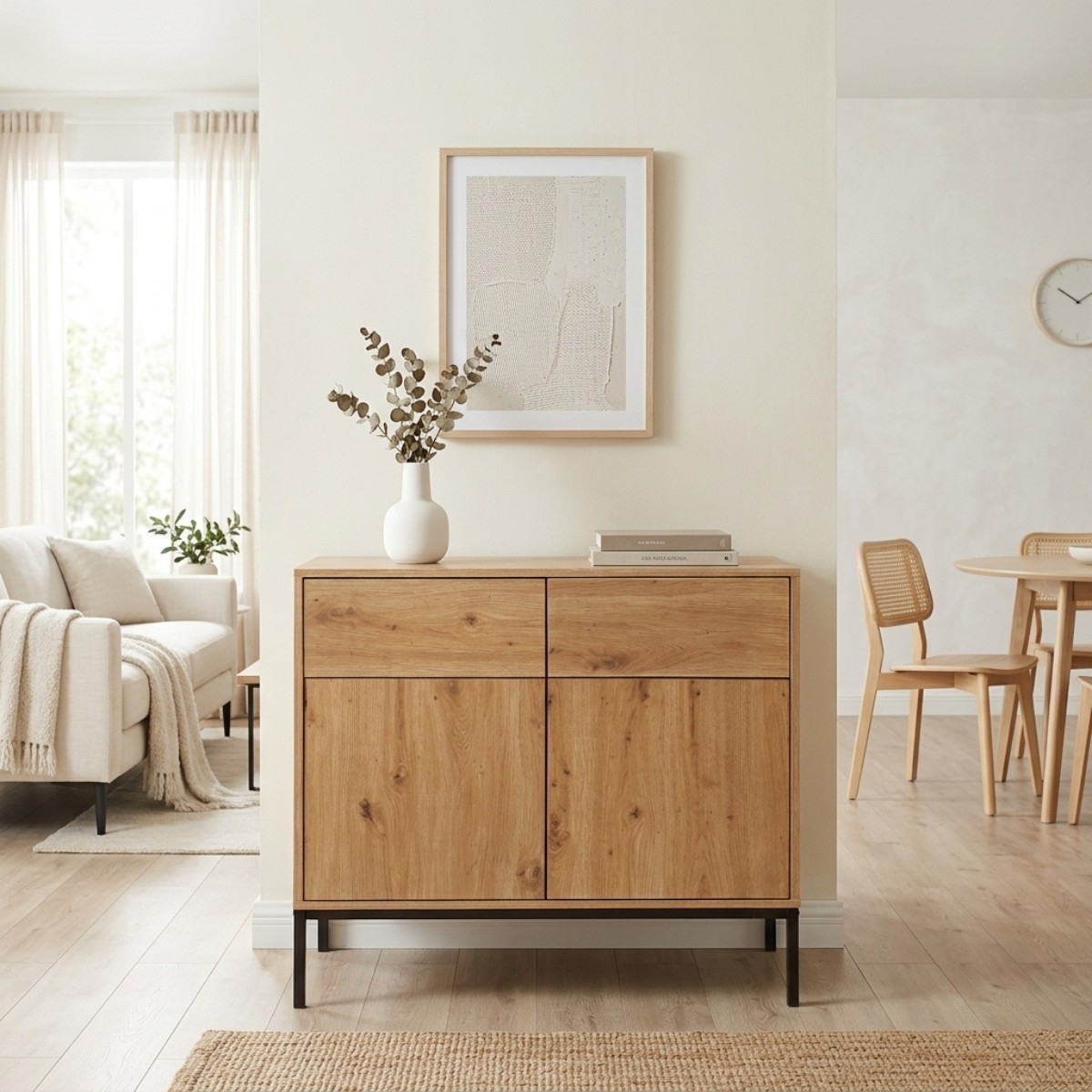 Calicosy Calicosy - Buffet 2 Portes 2 Tiroirs Décor Chêne L90 x H80 cm - LENNY - Chêne