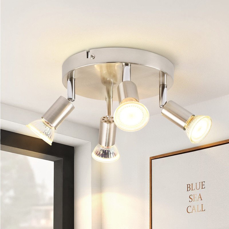 4 spots de plafond LED  orientables à 350° GU10 en métal nickel, lampe moderne pour salon chambre cuisine salle à manger couloir max 4x25W