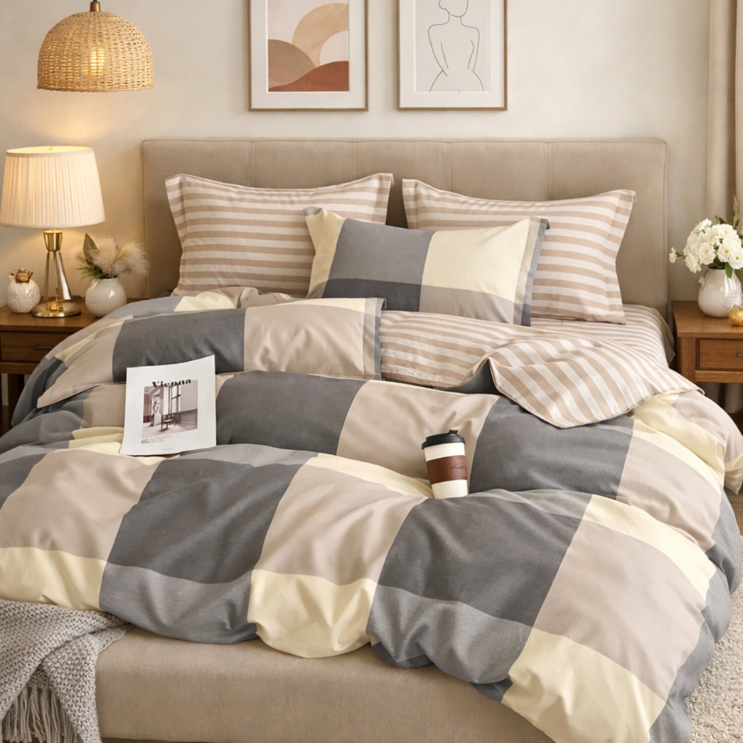 Home Collection Parure housse de couette 3pcs 240x220 cm 100% percale de coton 80 fils/cm²- Cytine imprimé carreaux beige gris