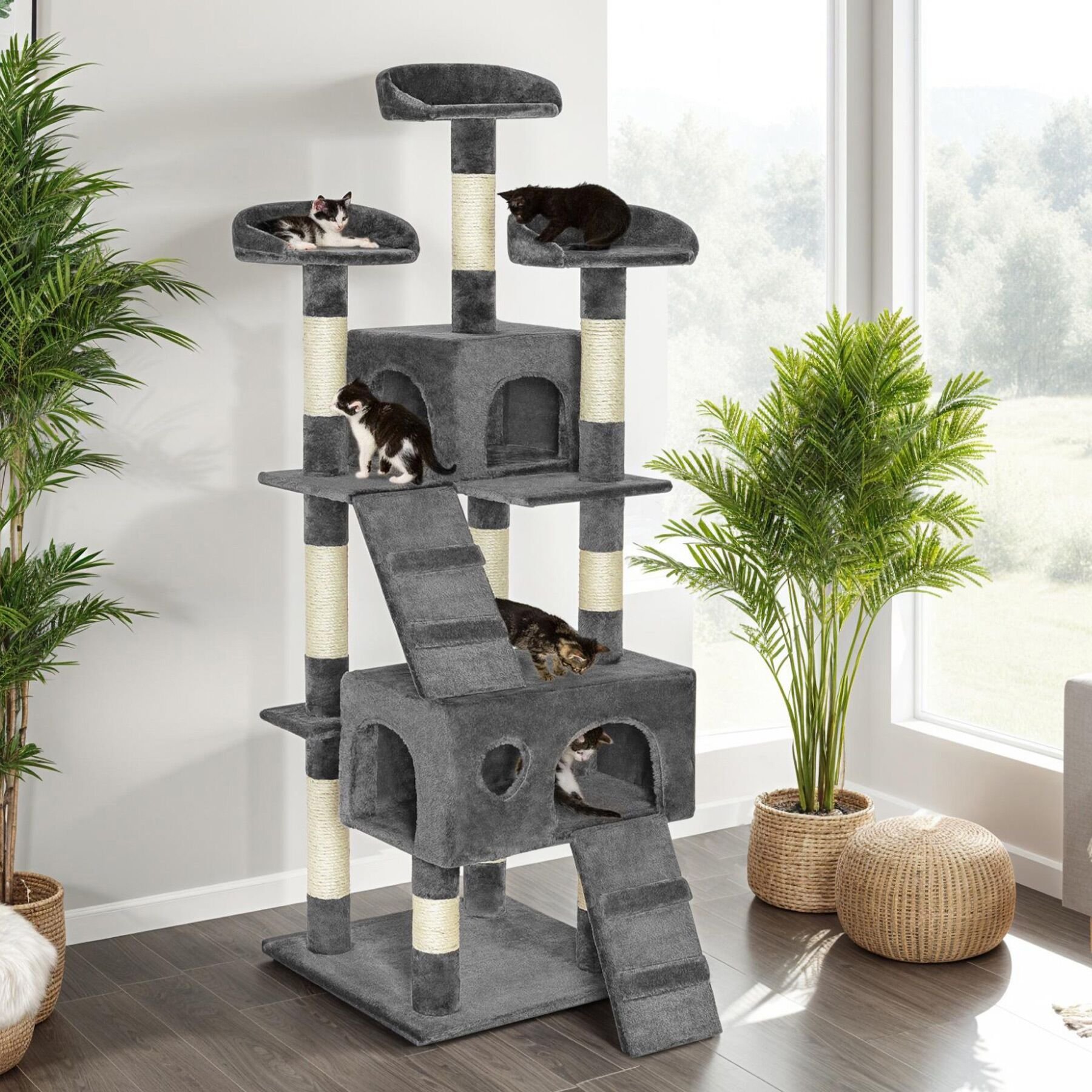 Tectake Arbre à chat en panneau de fibres 170 cm avec corde en sisal gris