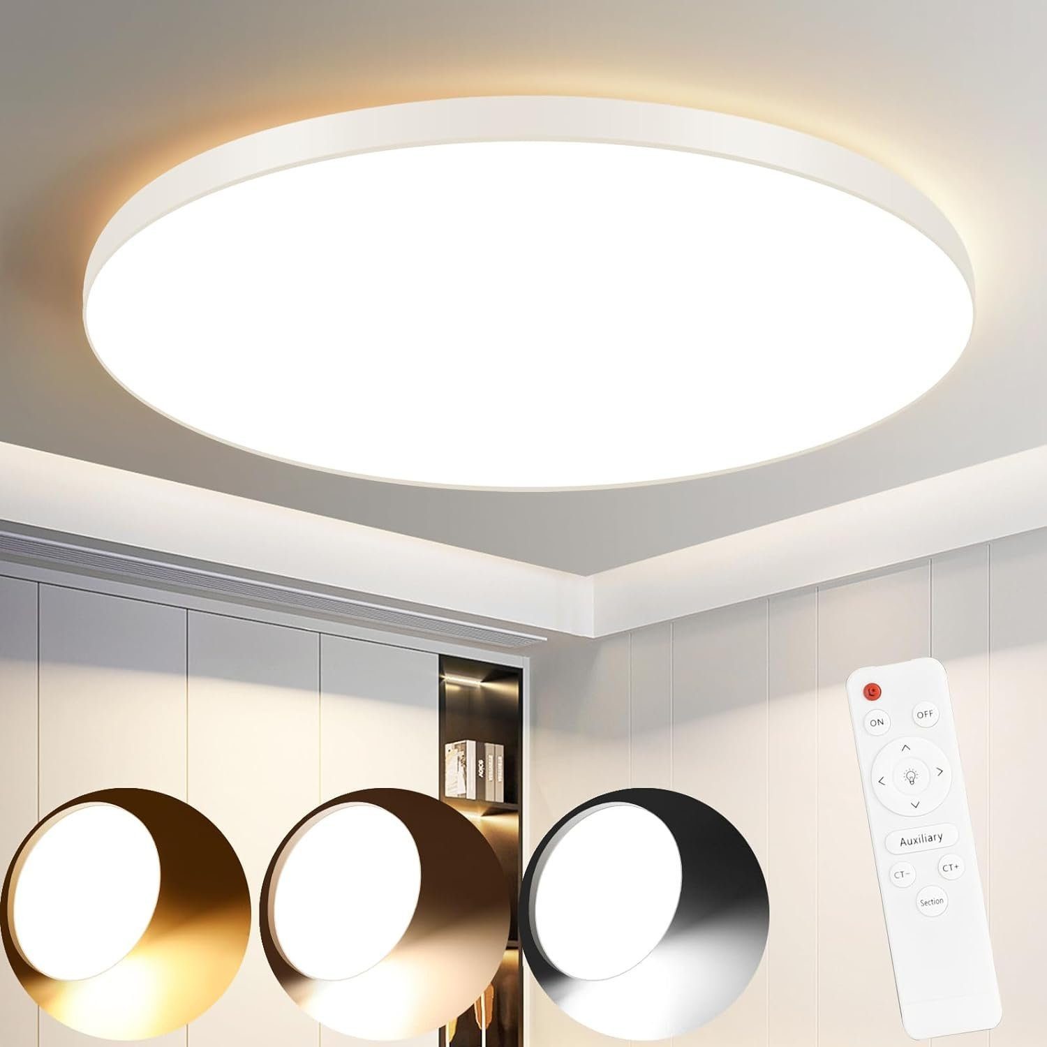 Nettlife Plafonnier LED 28 cm 30 W rond IP44 Lampe de chambre à intensité variable pour sous-sol Lampe de salle de bain et couloir avec télécommande
