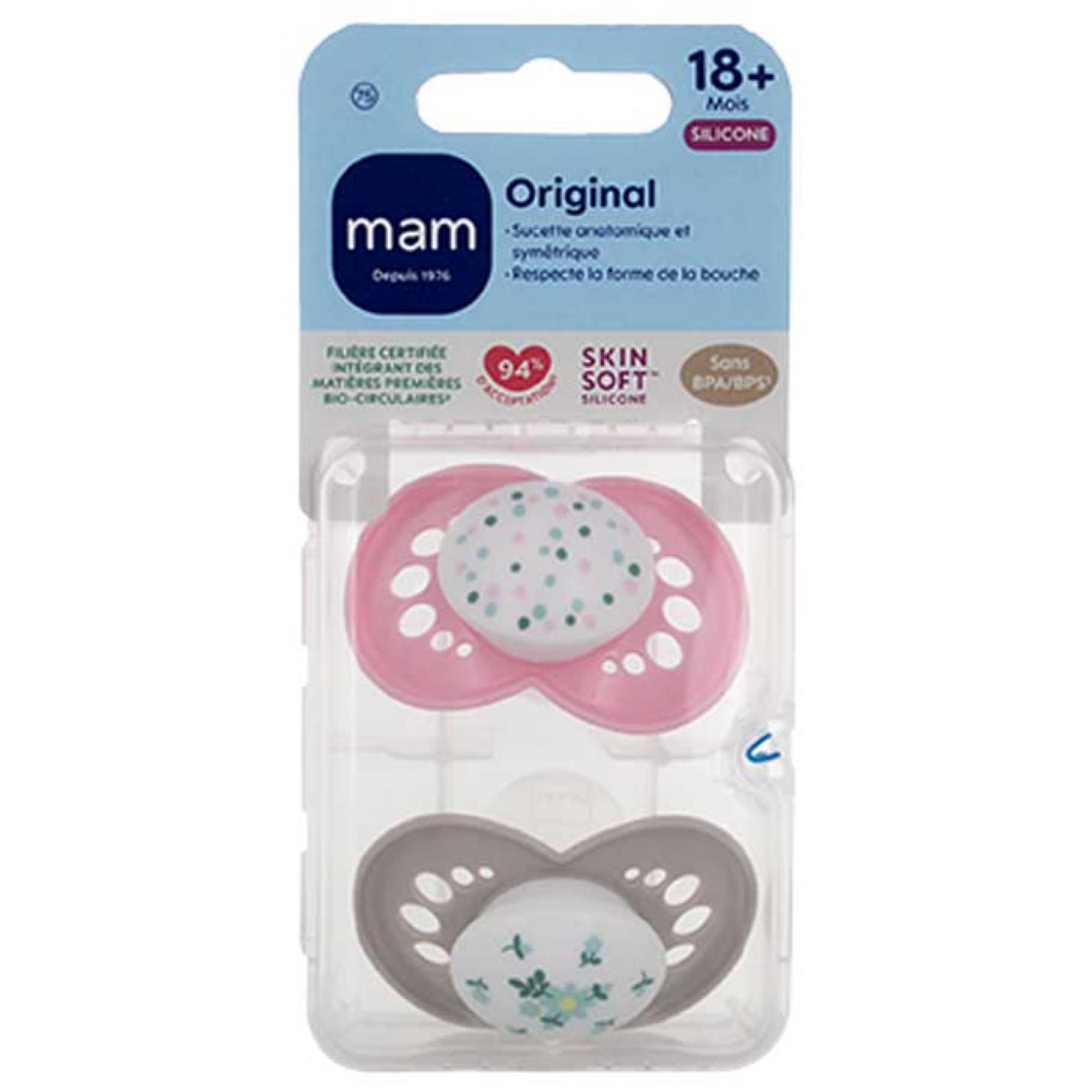 Mam MAM Sucette Original Classique - 18+ Mois - Silicone - X2 (Modèle : Pois Roses et Fleurs Bleues)