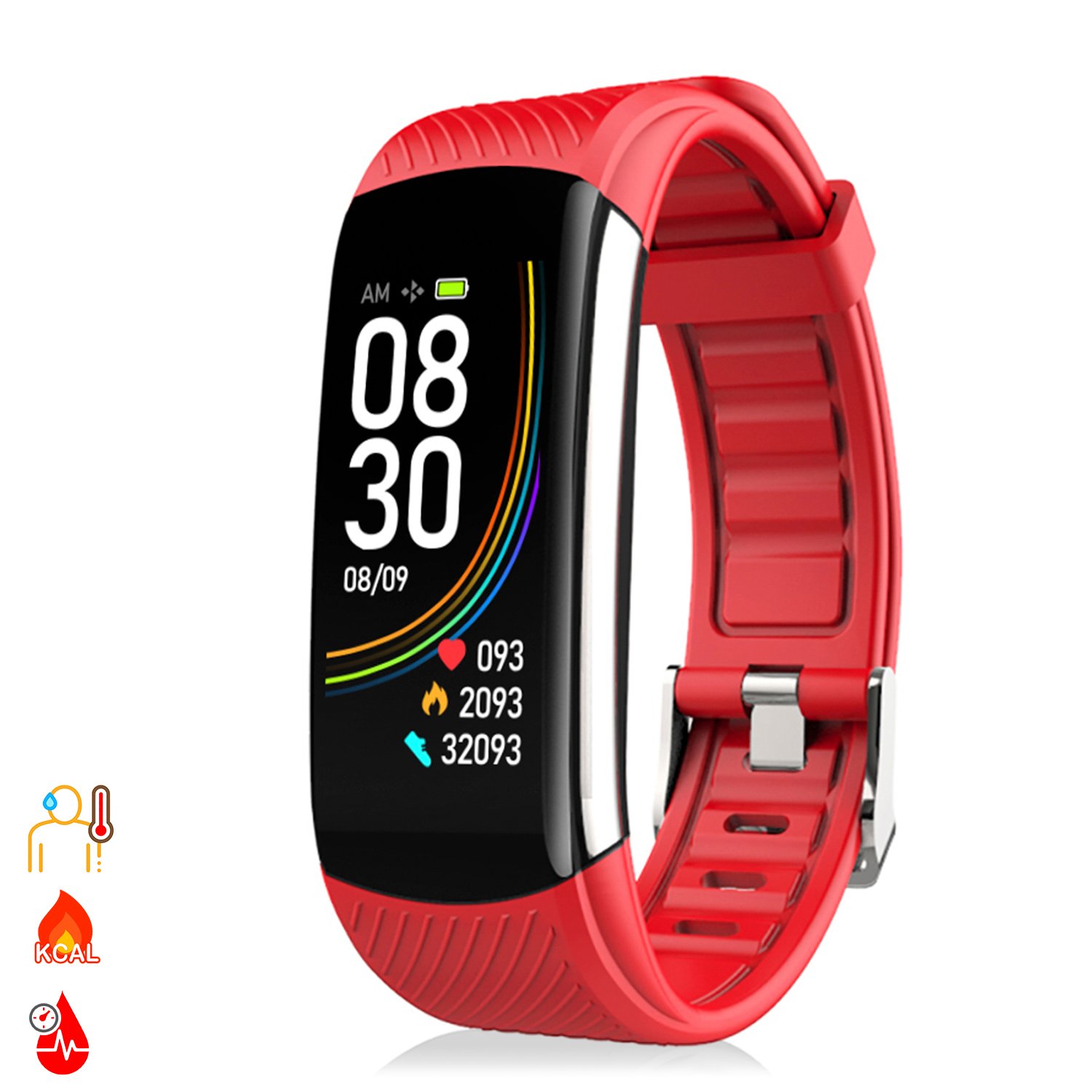 Dam DAM. Bracelet intelligent T118 avec mesure de la température corporelle, de l'O2 sanguin et de la tension 4x1x6 Cm.   rouge