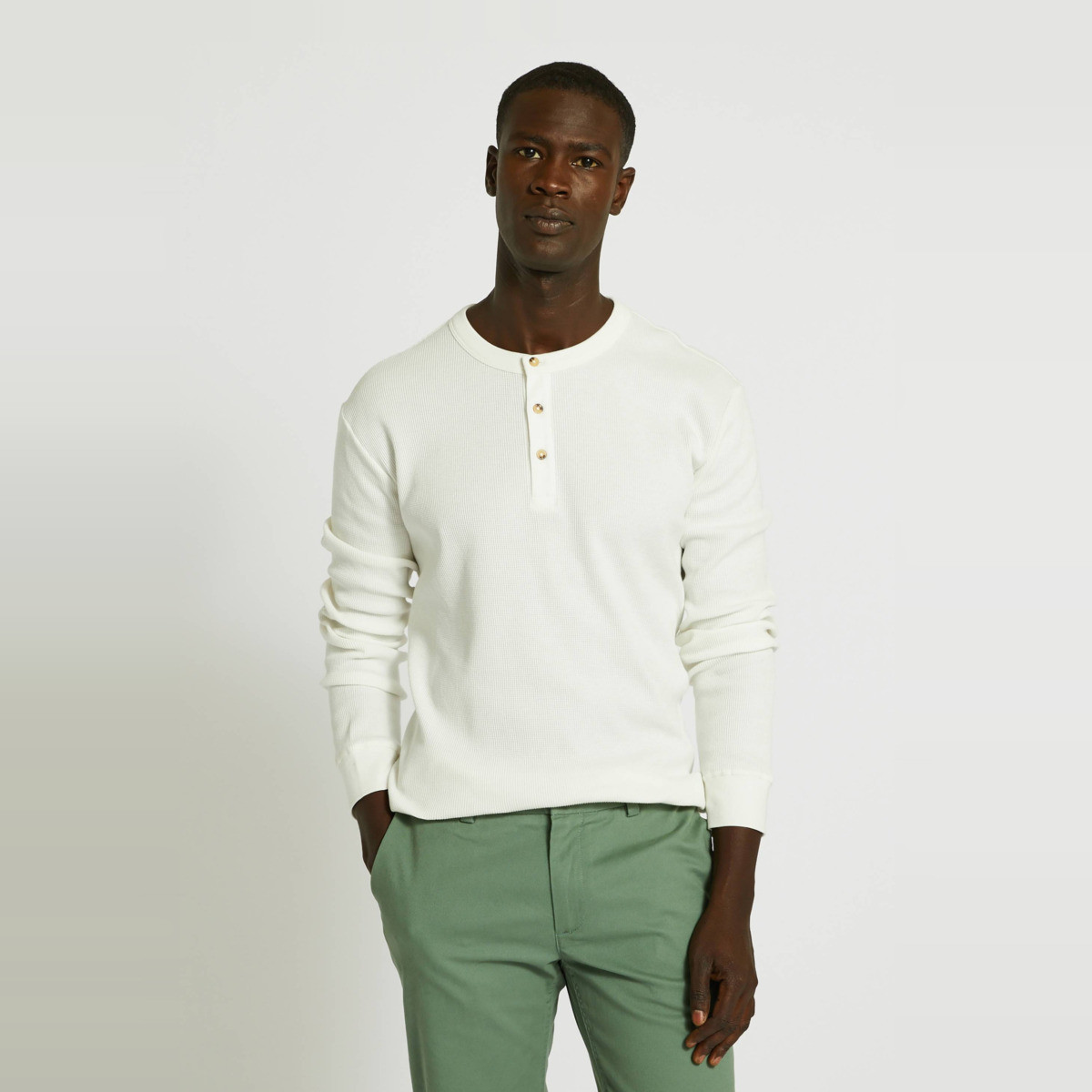 T-shirt col tunisien manches longues gaufré en coton BIO