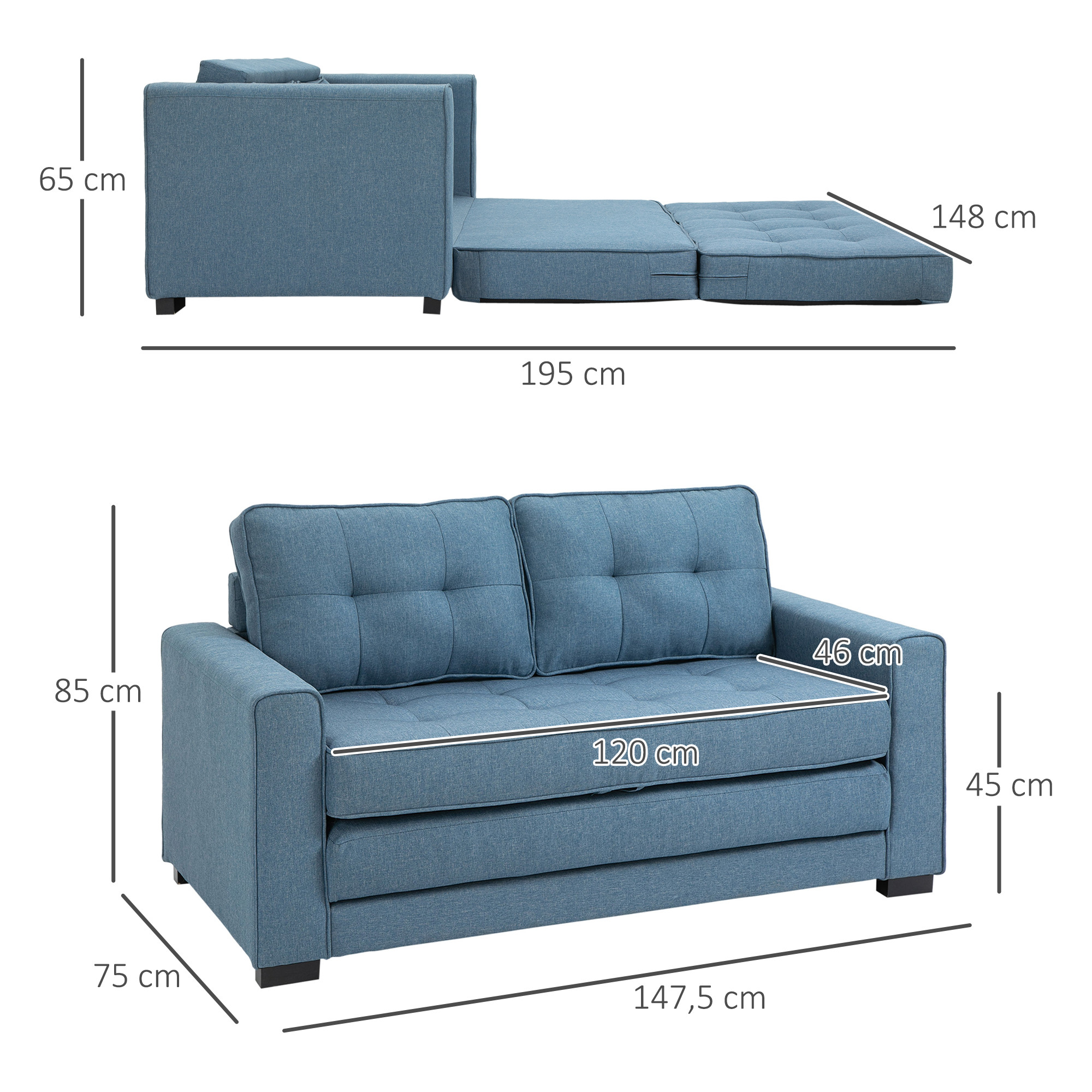 Canapé 2 Places HOMCOM - Tissu Bleu, Pieds Acier - Design Contemporain Avec Pochettes