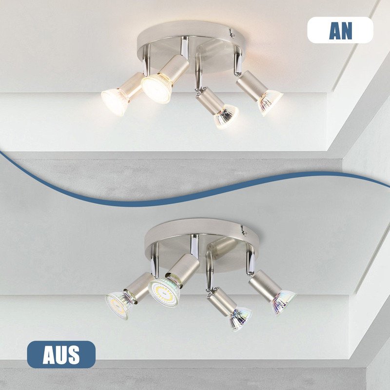 4 spots de plafond LED  orientables à 350° GU10 en métal nickel, lampe moderne pour salon chambre cuisine salle à manger couloir max 4x25W