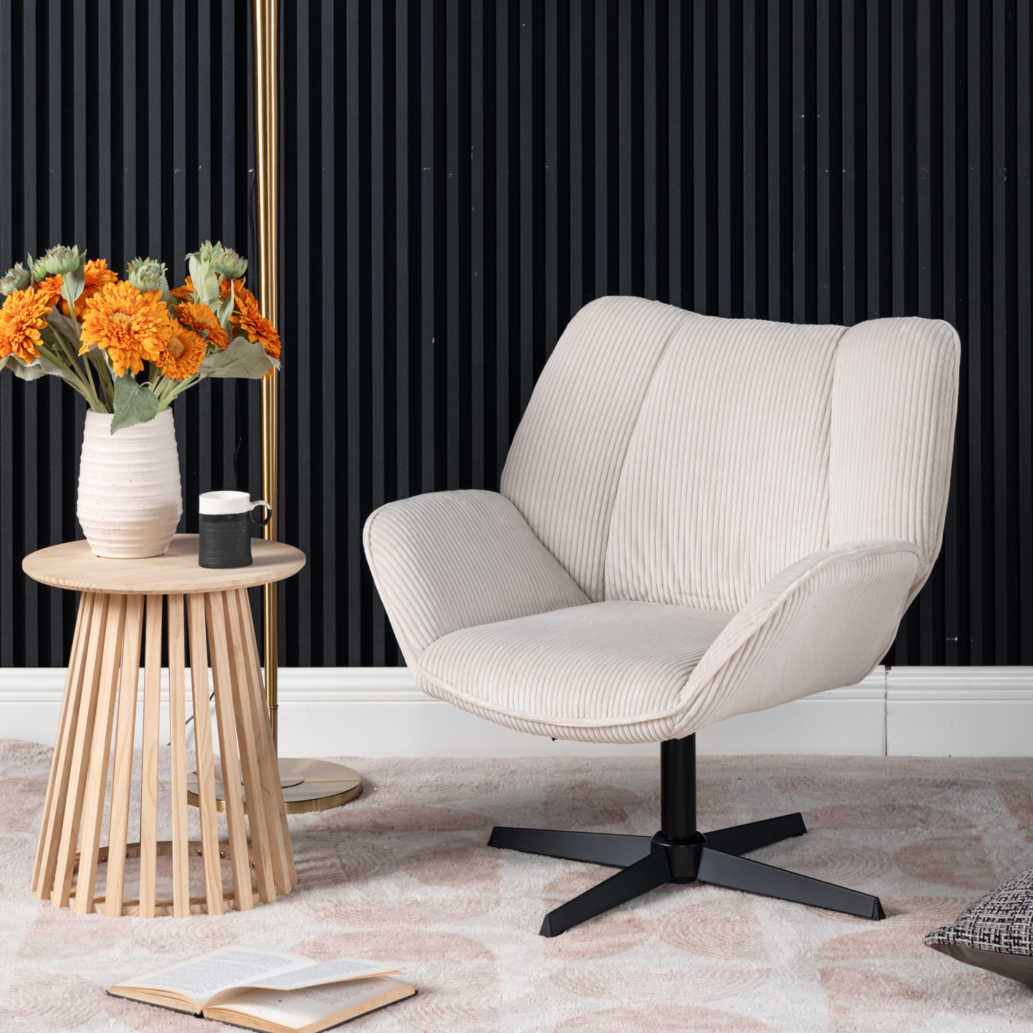 Fauteuil Salon Pivotant 360° En Velours Côtelé Rouge – Inclinable, Hauteur Réglable – Design Sans Accoudoirs