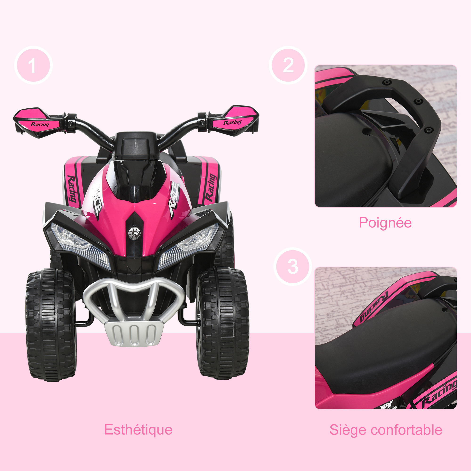 HOMCOM Voiture Pour Enfant De 12 à 36 Mois Design Tout Terrain Phare Led Klaxon Effets Musicaux Avec Roues Silencieuses Rouge~370 054
