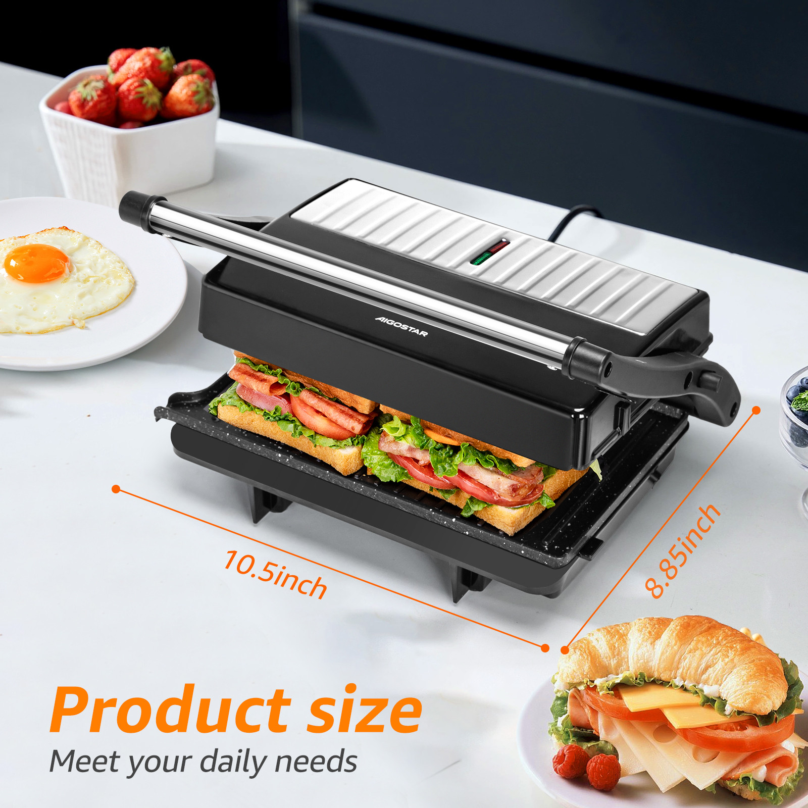 Aigostar Calore Gril Barbecue Panini 1800W - Plaques Antiadhérantes Ouverture 180° - Sans BPA Thermostat Réglable