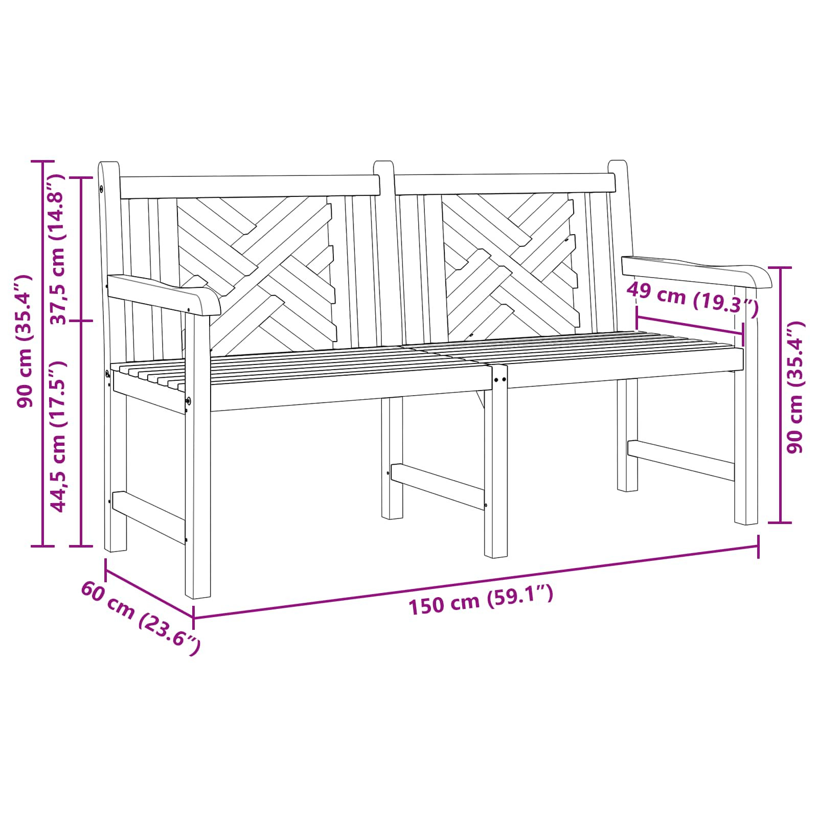 Banc Extérieur En Teck Massif 150x60x90 Cm - Finition Marron Rustique, Accoudoirs à 66 Cm