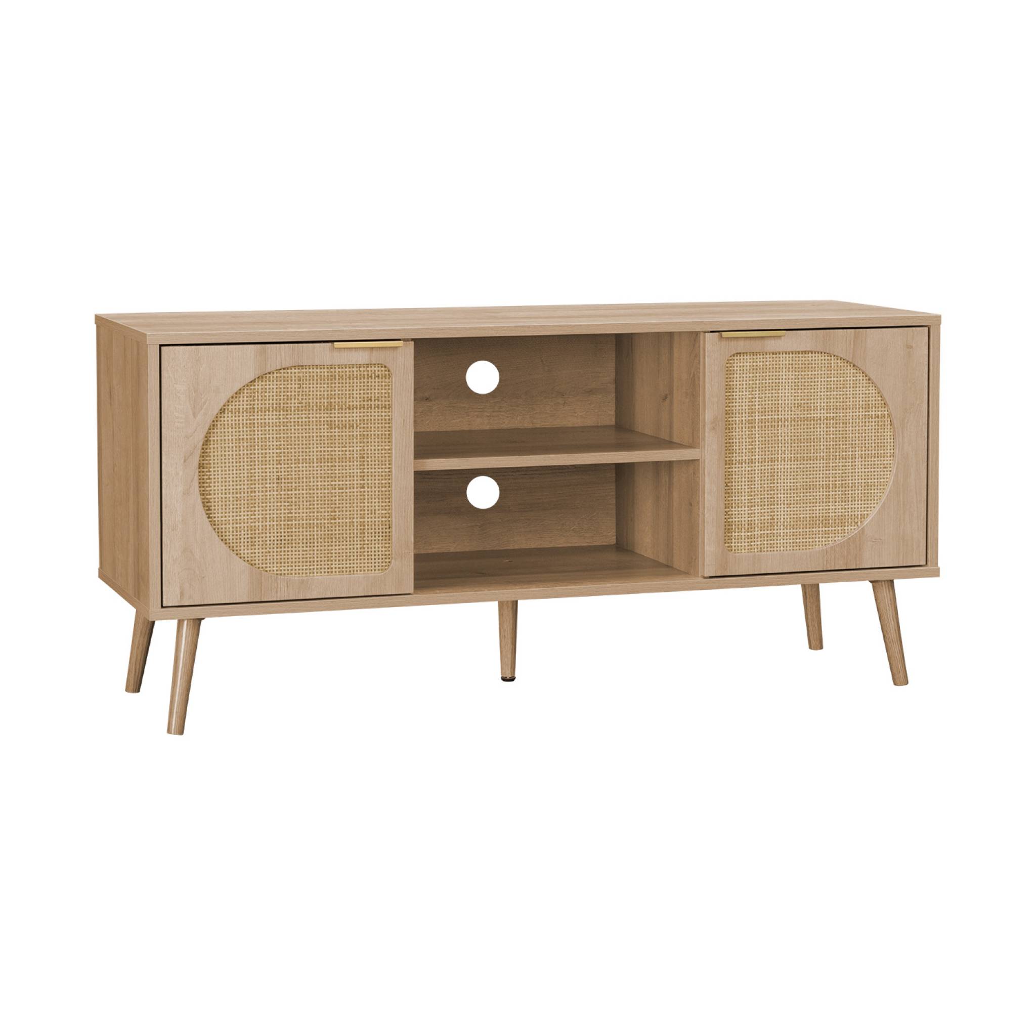 Sweeek Meuble TV. Eva. décor bois et cannage arrondi 2 portes. 1 étagère L120 x l39 x H56.5cm