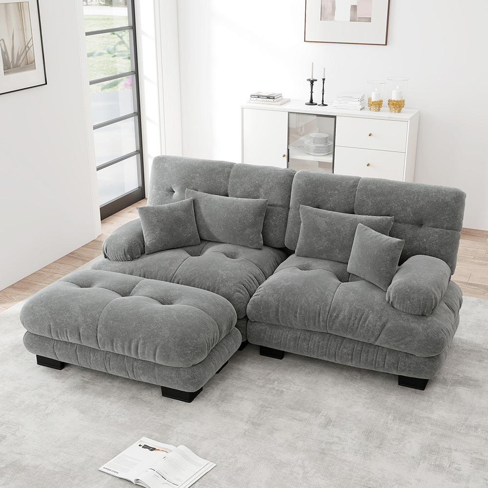 Canapé D'Angle 2 Places En Chenille Avec Pouf - Style Cloud - Accoudoirs Larges - Coloris Café Clair - 6