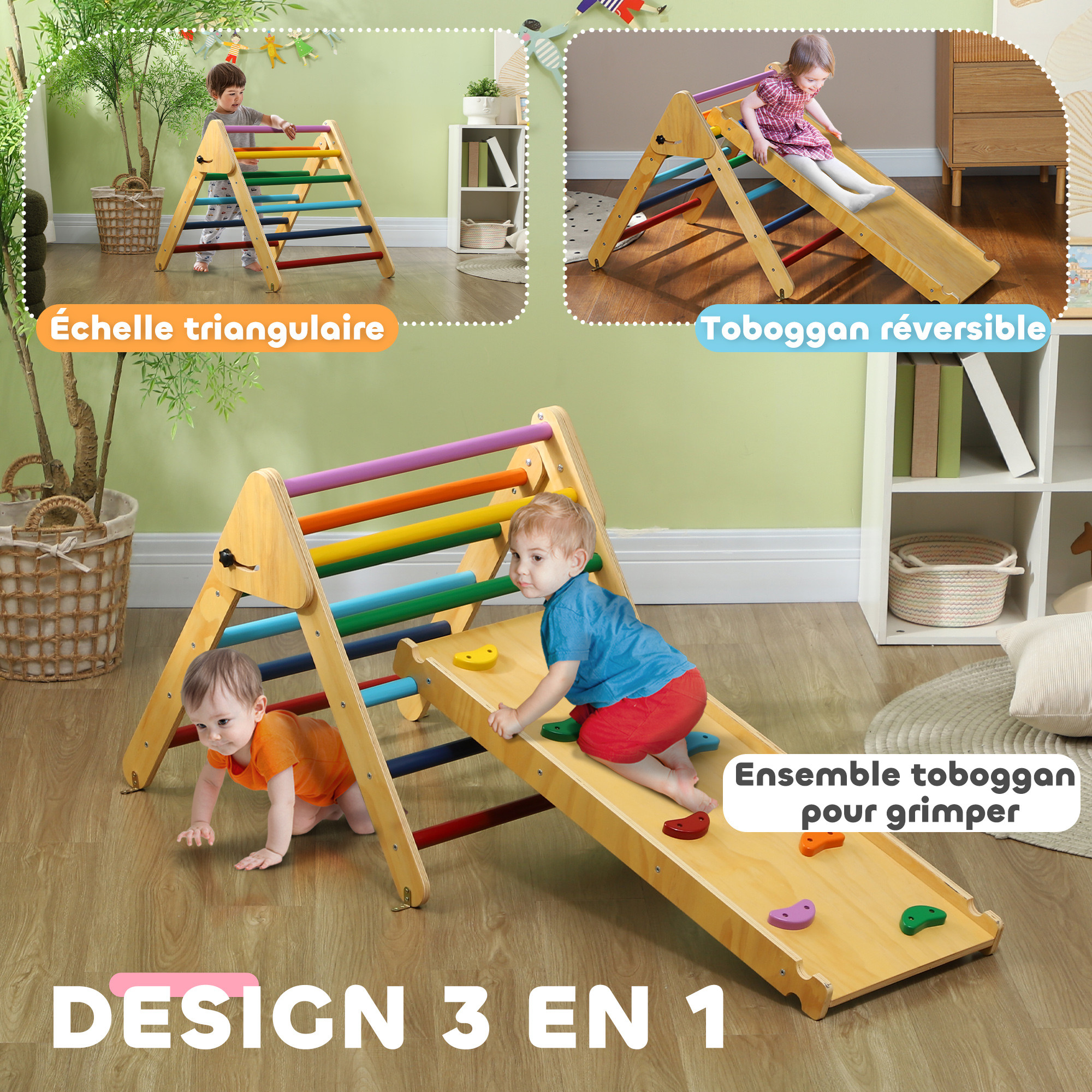 HOMASIS Triangle D’escalade Pikler 3-en-1 – Avec Toboggan, Barres, Filet Et échelle – Bois De Hêtre, Multicolore – Dès 1 An – 105 X 67 X 112 Cm – Sécurisé