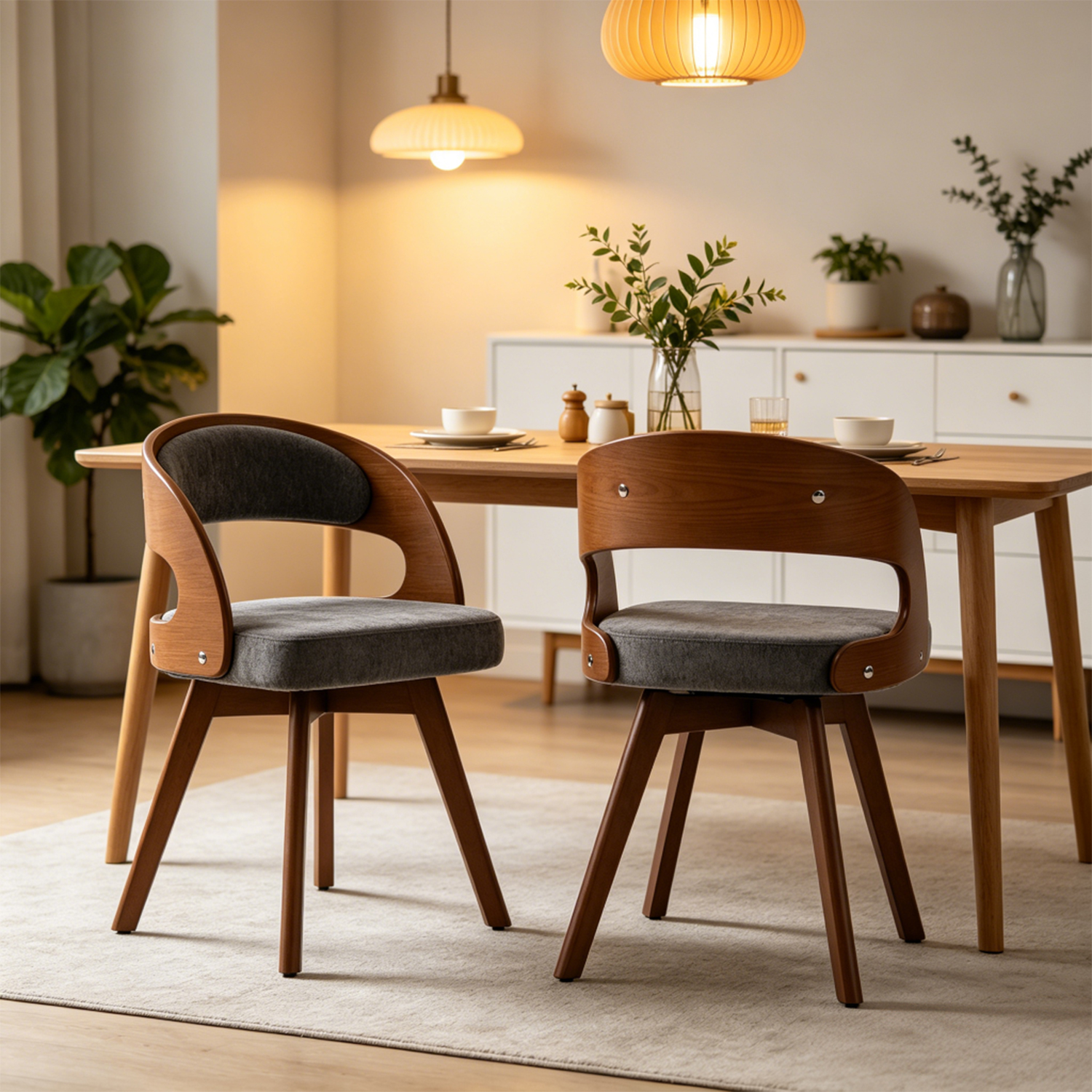 Meubles Cosy Lot de 2 Chaises Salle à Manger Pivotant sur 360° avec Dossier et Siège Rembourré, Pieds en Bois Massif, Gris