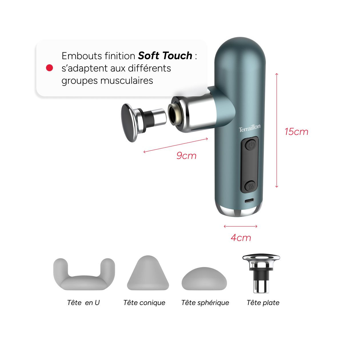 Masseur Corporel Terraillon Mini Massager Avec 4 Embouts - Neuf, Pour Détente Musculaire