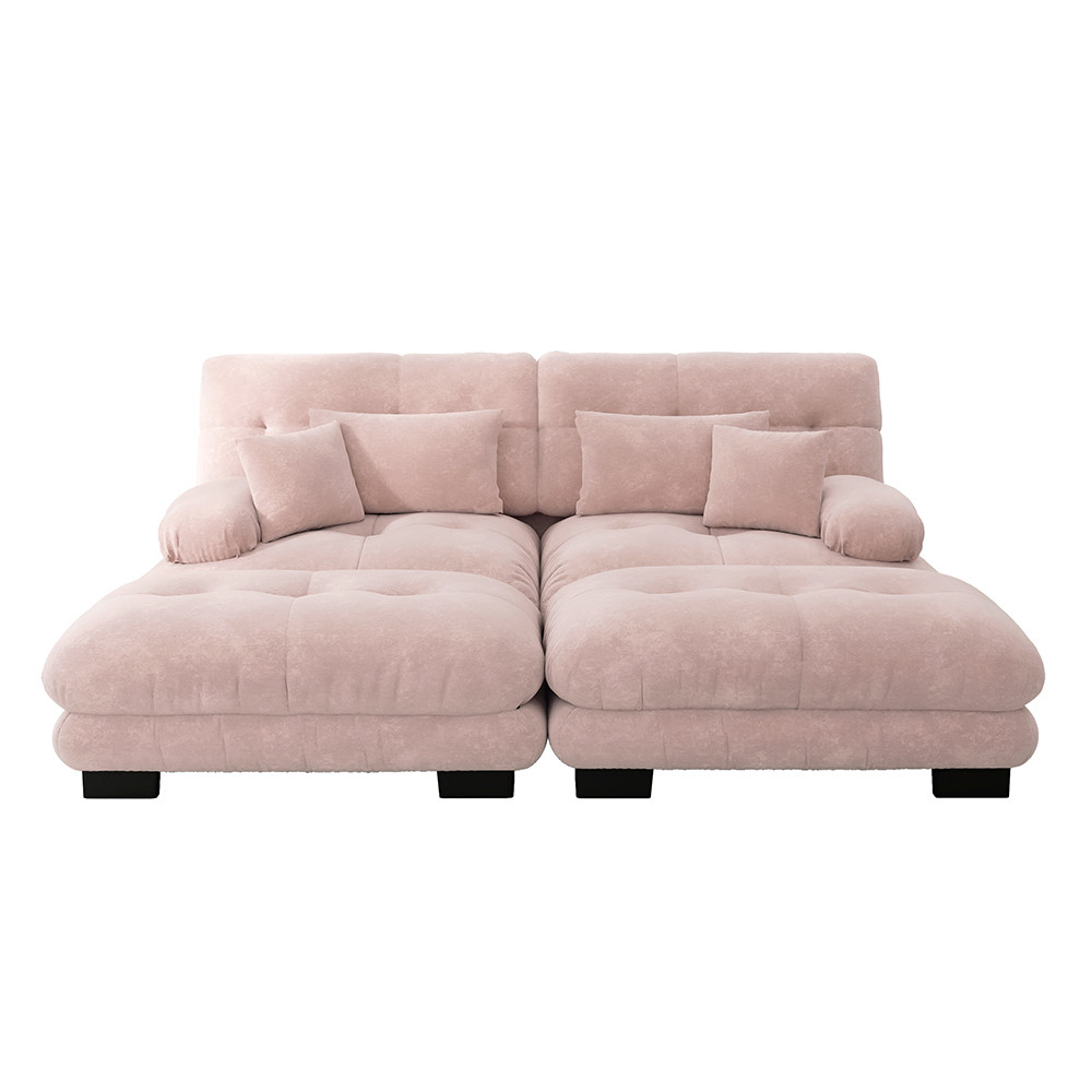 Canapé D'Angle 2 Places En Chenille Avec Pouf - Style Cloud - Accoudoirs Larges - Coloris Café Clair