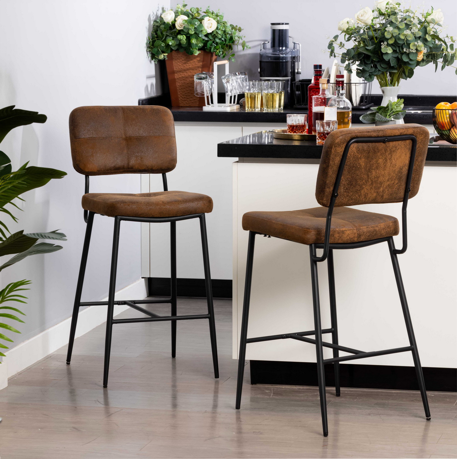 HOOBRO Lot De 2 Tabourets De Bar Hauts - Siège PU Rembourré Confort, Repose-Pieds Réglable, Style Industriel Marron Rustique & Noir - Parfait Comptoir & Cuisine