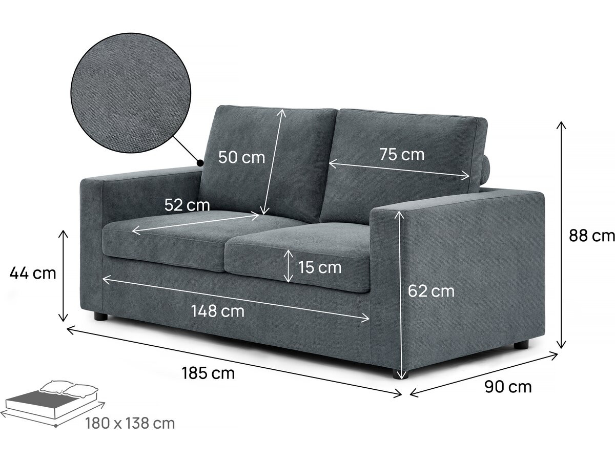Canapé Convertible 3 Places Laurie En Tissu Gris - Couchage 140 Cm, Convertible Express, Structure Bois (202x107x85 Cm) - 4