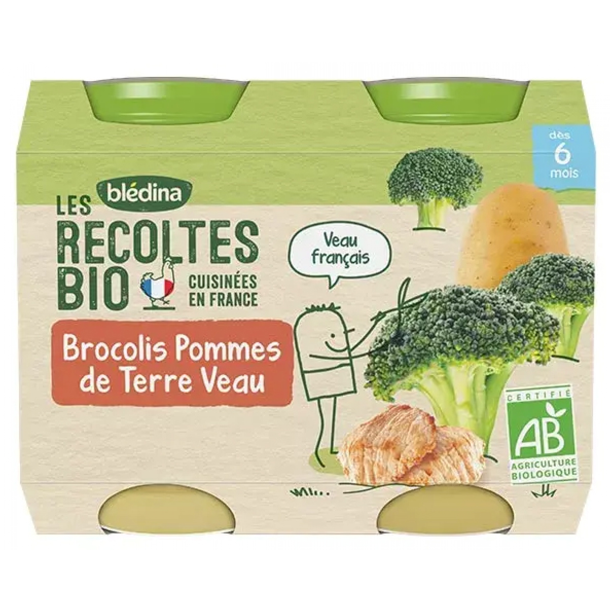 Bledina Blédina Les Récoltes Bio Brocolis Pommes de Terre Veau dès 6 Mois Biologique 2 POTS