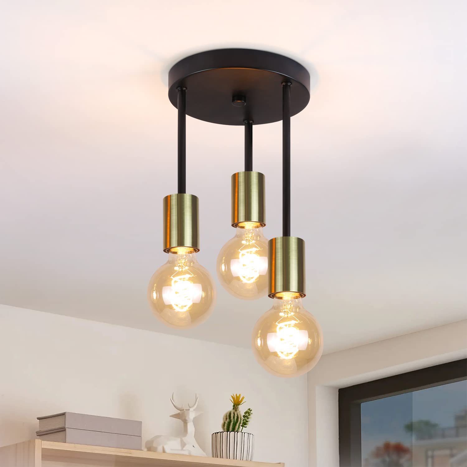 Nettlife Plafonnier 3 Spots E27 Suspendu Vintage Noir Or avec Lustre Industriel Moderne pour Salle à Manger Cuisine Couloir Salon Bar, Max. 25w