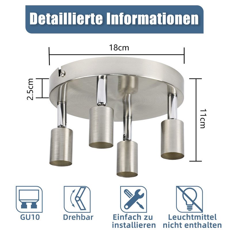 4 spots de plafond LED  orientables à 350° GU10 en métal nickel, lampe moderne pour salon chambre cuisine salle à manger couloir max 4x25W
