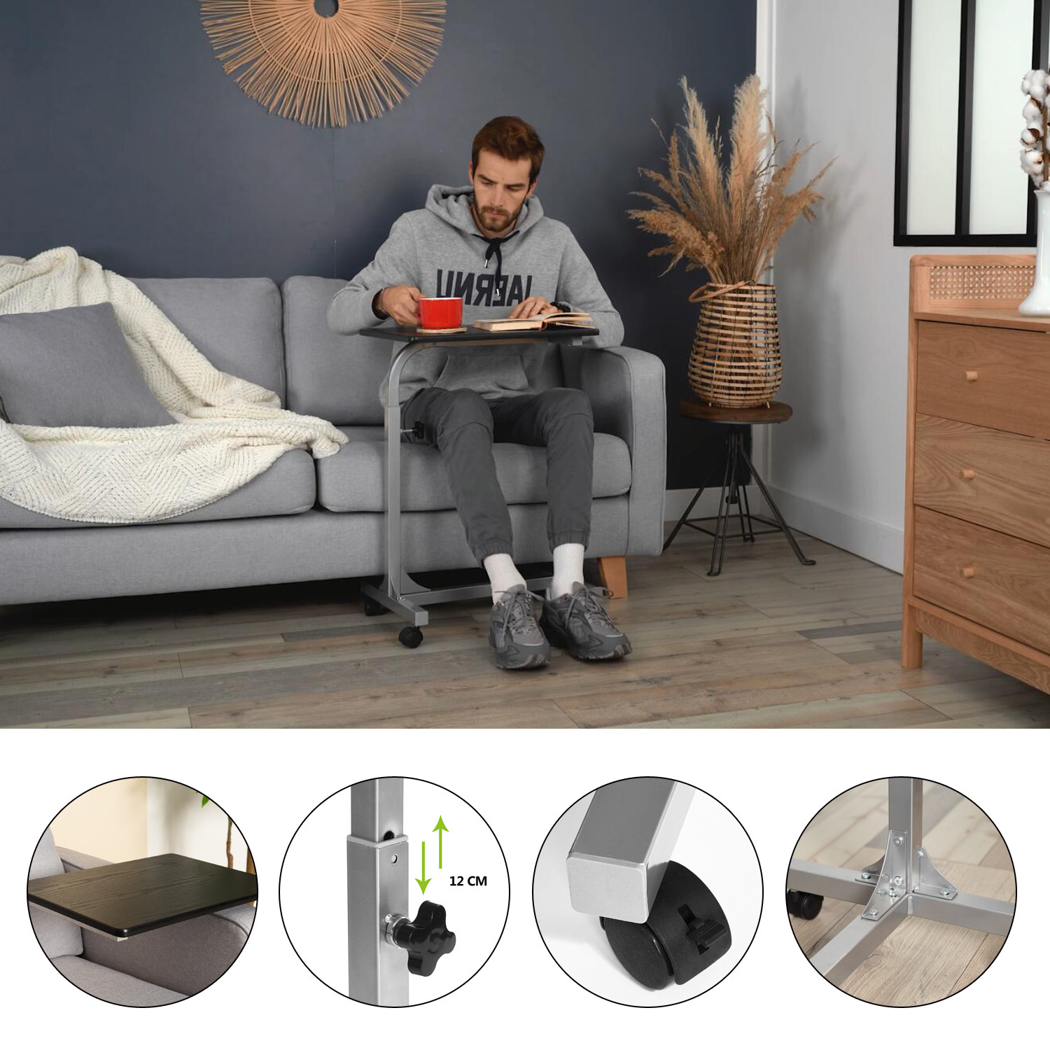 Table De Lit Ordinateur Portable Supfine - Bureau Debout Réglable Hauteur 58-69 Cm Avec Roulettes, Pliable Noir 43x43 Cm