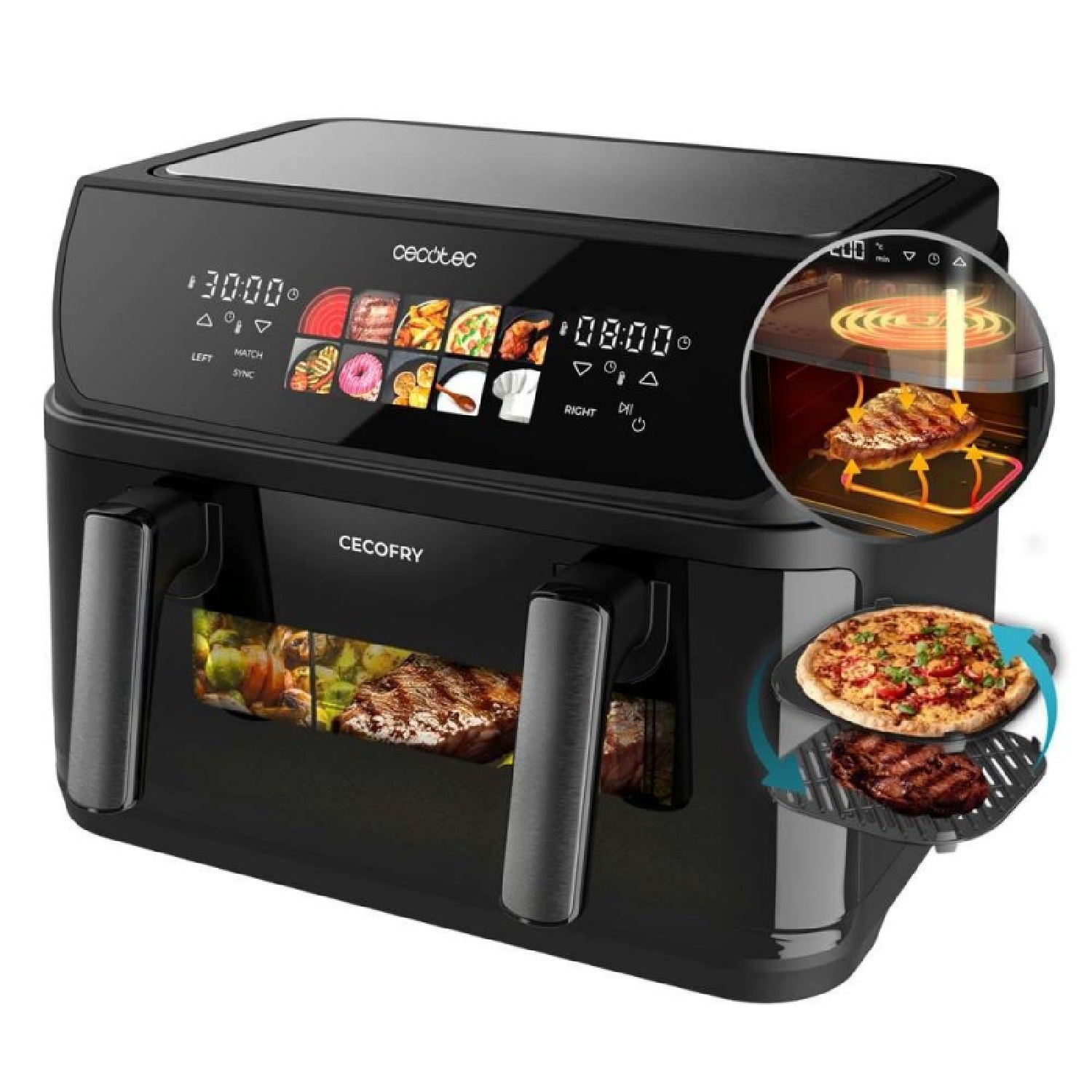 Cecotec Friteuse à Air 10L, 4 Resistances, Air Fryer, Cecofry&Grill Duoheat 10000. 2800W, Dorure Parfaite et Saveur Grillé