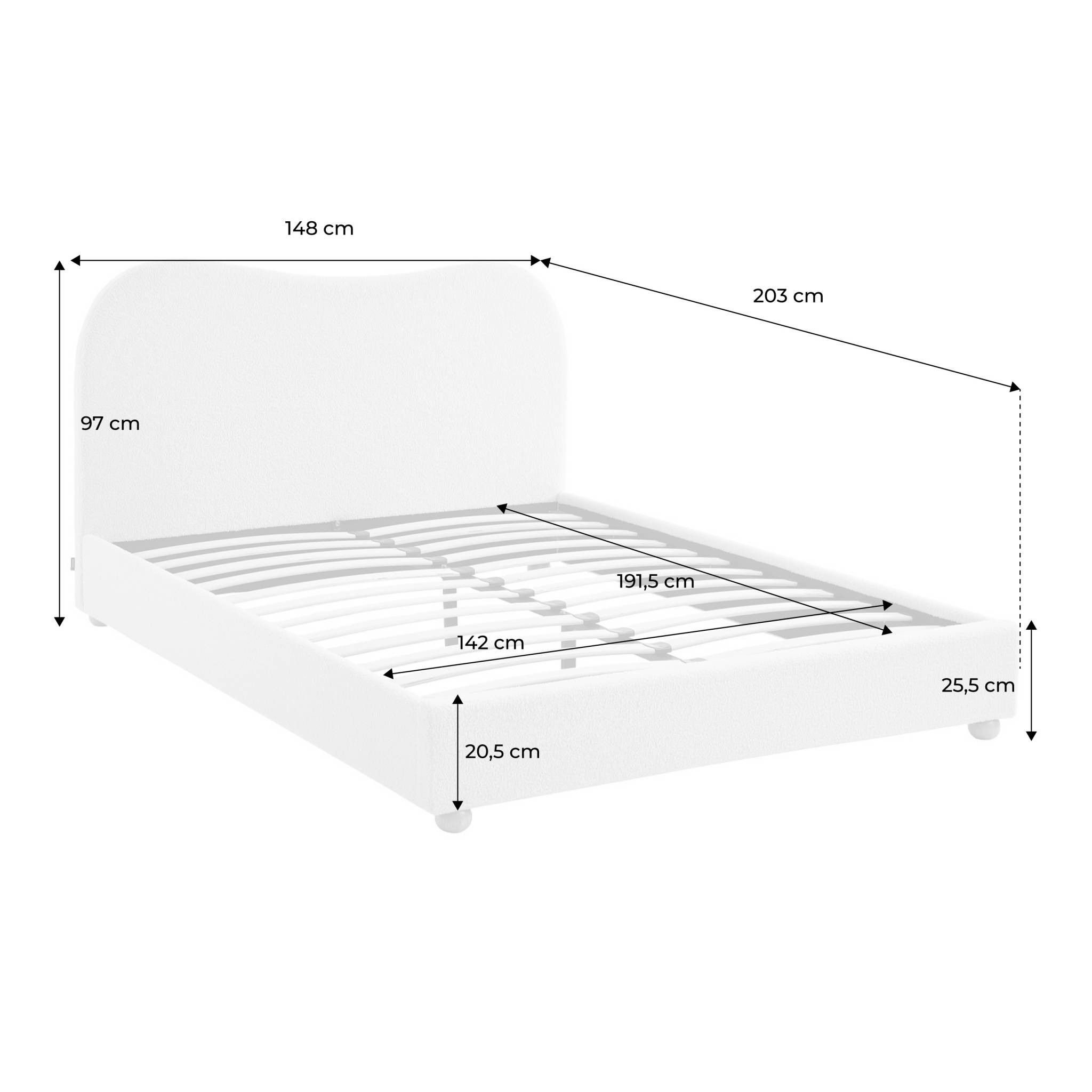 Lit Coffre Avec Sommier à Lattes, Bouclette Blanche, 140 X 190 Cm I