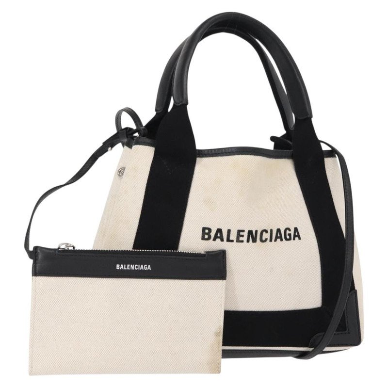 Balenciaga Cabas de lona azul marino con cuero mediano