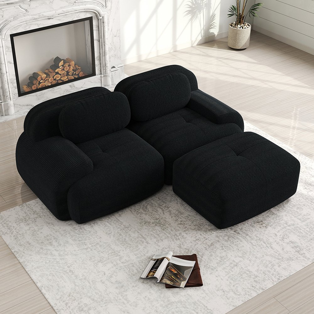 Blackcolors Canapé d'angle 82'' velours côtelé doux modulable accoudoirs courbés sans montage mousse Noir