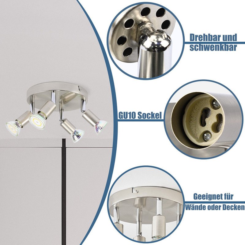 4 spots de plafond LED  orientables à 350° GU10 en métal nickel, lampe moderne pour salon chambre cuisine salle à manger couloir max 4x25W
